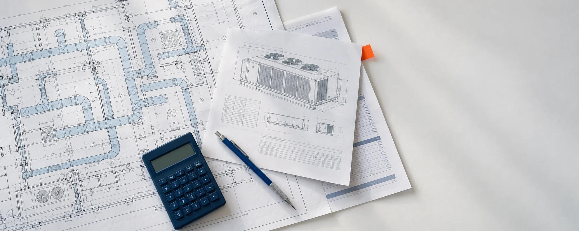 Mechanical floor-plan drawings, an equipment submittal sheet, a pen and a calculator on an estimator's desk